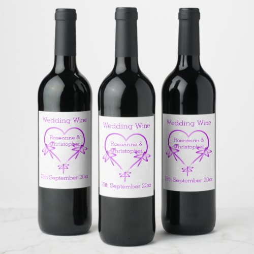 Purple Coloured Dragonfly Heart Design Wedding Wine Label