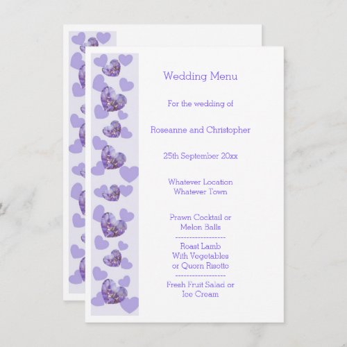 Purple Coloured Wisteria Heart Design Wedding Menu