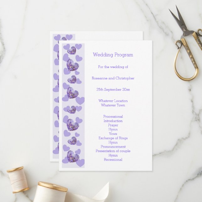 Purple Coloured Wisteria Heart Design Wedding Program (Front/Back In Situ)