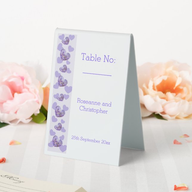 Purple Coloured Wisteria Heart Design Wedding Table Tent (In SItu (Wedding))
