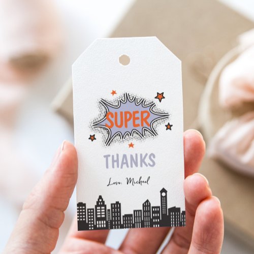 Purple Comic Book Superhero Birthday Gift Tags