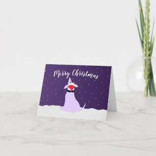 Purple comic dog Pig Dog in snow Christmas Holiday Card