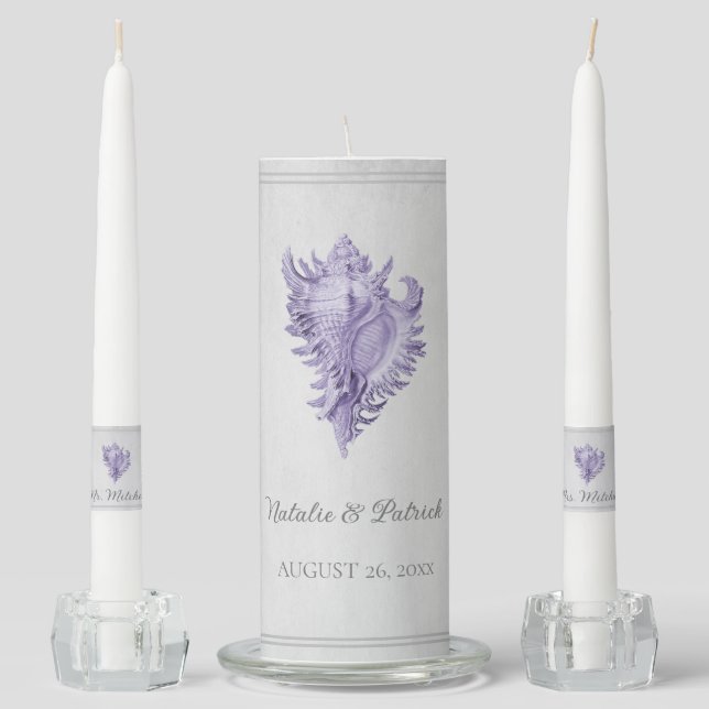 Purple Conch Shell Wedding Unity Candle Set (Front)
