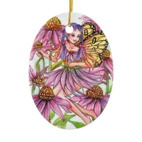 Purple Cone Flower Fairy Ceramic Ornament