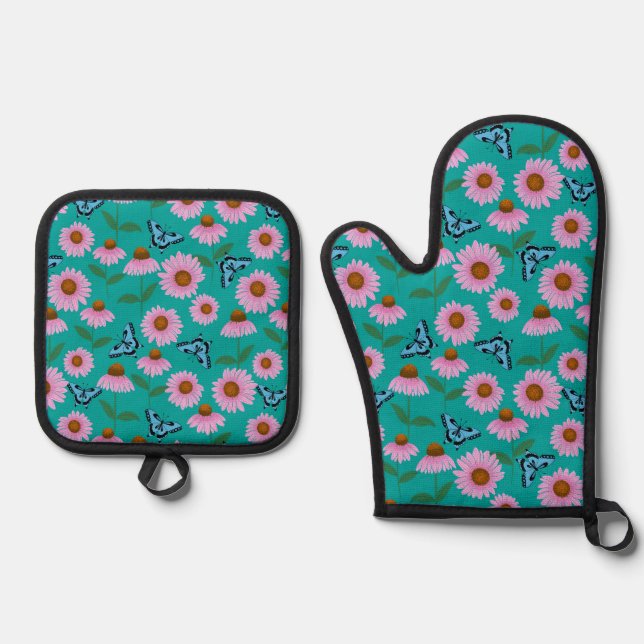 Purple coneflowers and butterflies pattern oven mitt & pot holder set (Front)