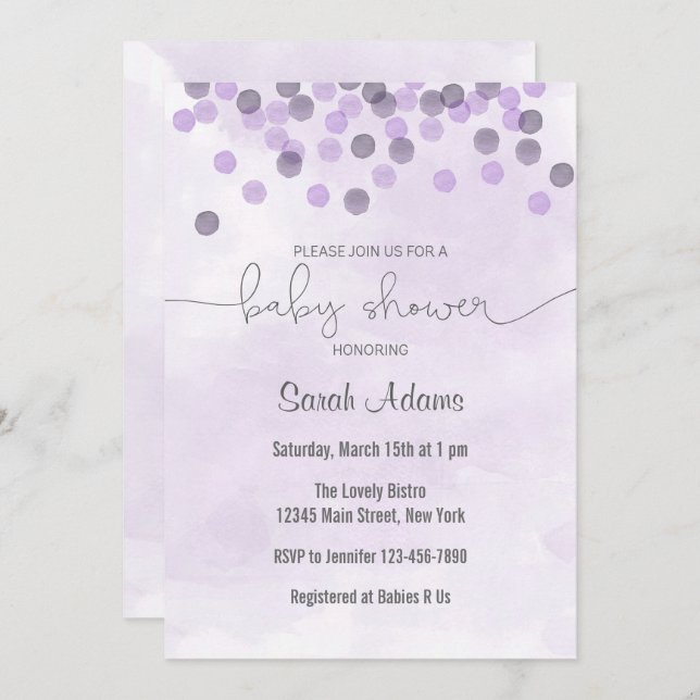 Purple Confetti Baby Shower Invitation (Front/Back)