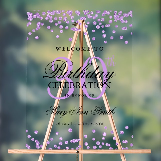 Purple Confetti Glitter 30th Birthday Welcome  Acrylic Sign (Neutral)