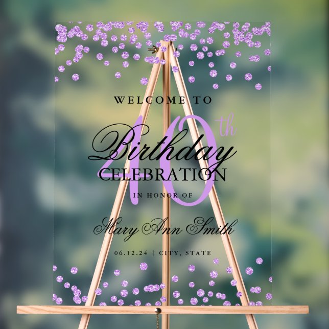 Purple Confetti Glitter 40th Birthday Welcome  Acrylic Sign (Neutral)