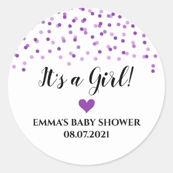 Purple Confetti Heart It's A Girl Baby Shower Classic Round Sticker by DreamingMindCards at Zazzle