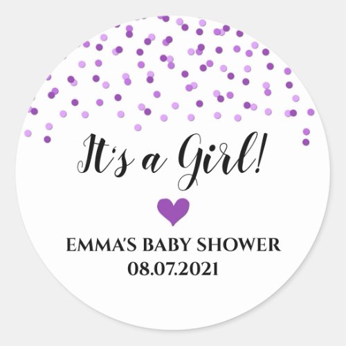 Purple Confetti Heart Its a Girl Baby Shower Classic Round Sticker