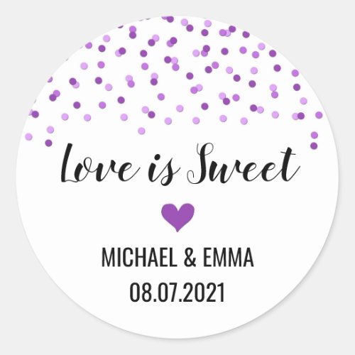 Purple Confetti Heart Love is Sweet Classic Round Sticker