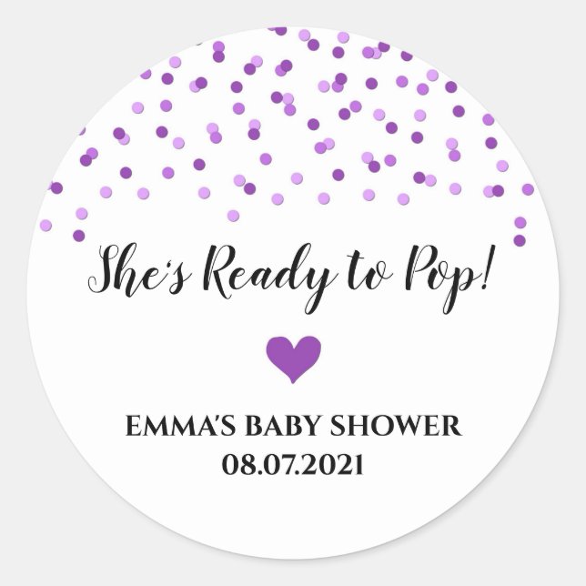 Purple Confetti Heart She's Ready to Pop Classic Round Sticker (Front)