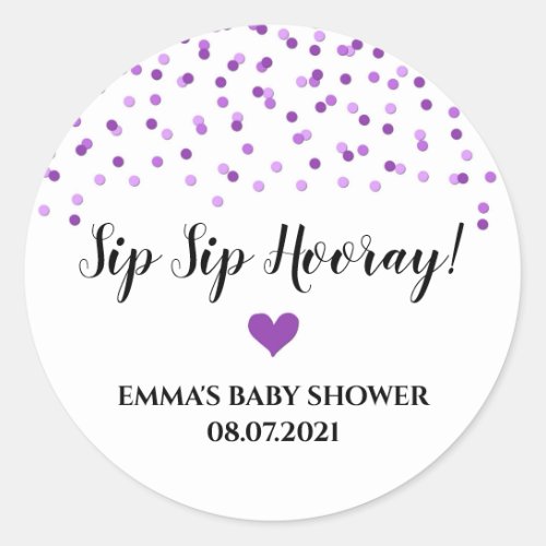 Purple Confetti Heart Sip Sip Hooray Classic Round Sticker