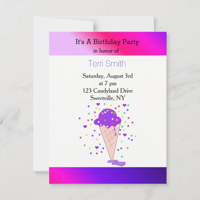 Purple Confetti Ice Cream Cone Invitation (Front)