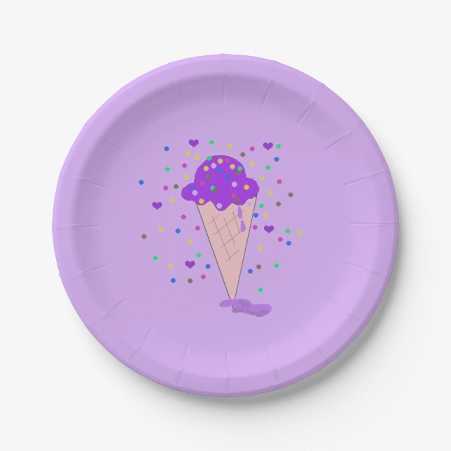 Purple Confetti Ice Cream Cone Paper Plates (Front)