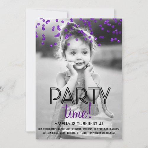 Purple Confetti Photo Birthday Party Invite
