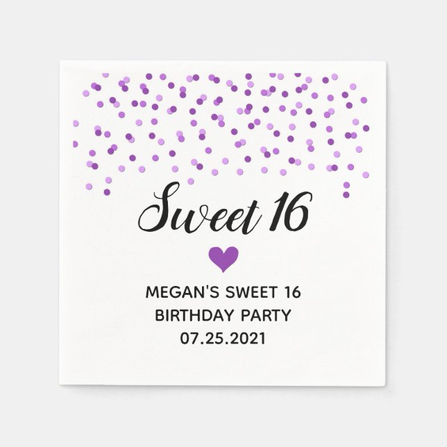 Purple Confetti Sweet 16 Birthday Napkins (Front)