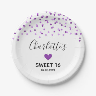 Purple Confetti Sweet 16 Birthday Party Paper Plates