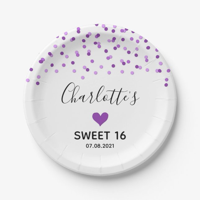 Purple Confetti Sweet 16 Birthday Party Paper Plates (Front)