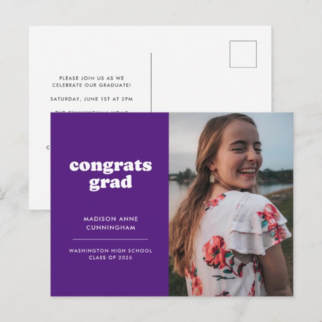 Purple Congrats Grad Photo Graduation Invitation Postcard (Front/Back)