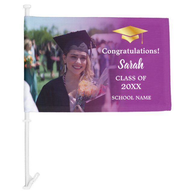 Purple Congrats Graduation with a Custom Photo Car Flag (Front)
