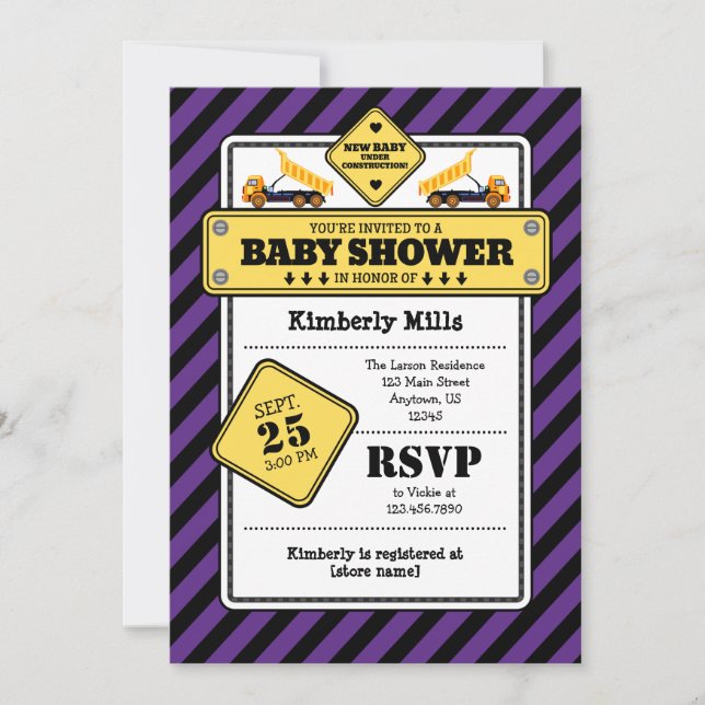 Purple Construction Baby Shower Invitation (Front)
