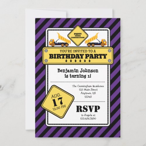 Purple Construction Birthday Invitation