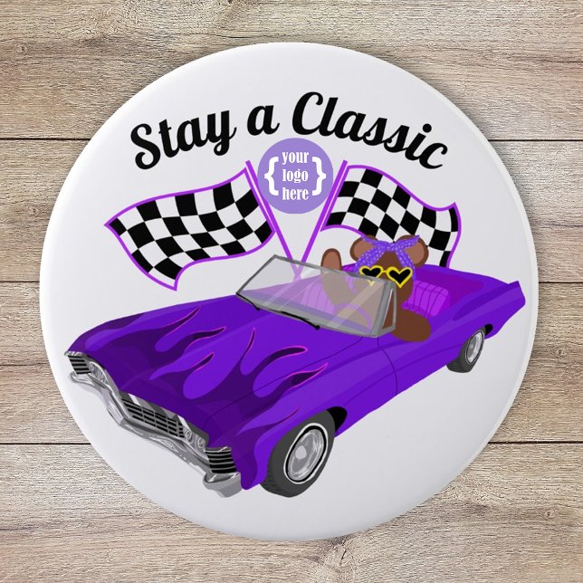 Purple Convertible Classic Car, Checkered Flags Button (logo promotional purple car show car club girl's youth organization fund raiser, bear in a race car)