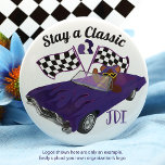 Purple Convertible Classic Car, Checkered Flags Button<br><div class="desc">A fun wearable button with a purple convertible and checkered race flags is versatile for car shows and fund raisers. Advertise your girl's youth organization,  or girl's club / chapter proudly. Easily change the wording and upload your logo for a finishing touch!</div>