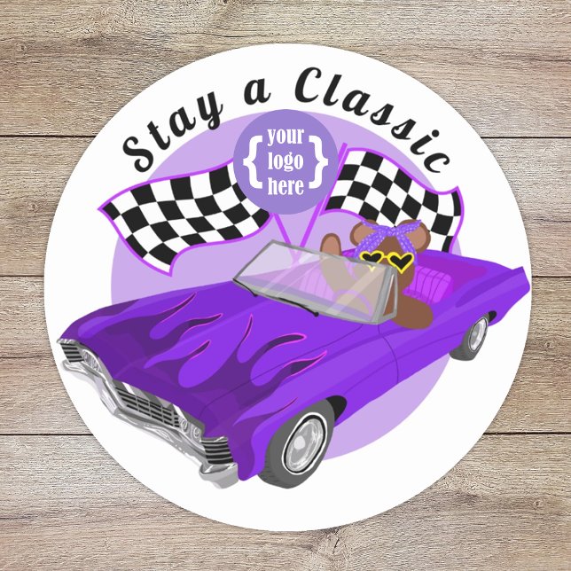 Purple Convertible Classic Car, Checkered Flags Classic Round Sticker (purple class car show logo sticker, bear driving a convertible, girls youth organization club logo)