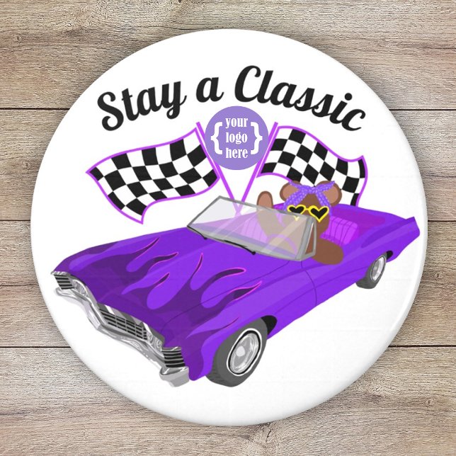 Purple Convertible Classic Car, Checkered Flags Magnet (purple car club, car show fund raiser, girl's youth organization logo magnet, event party favor)