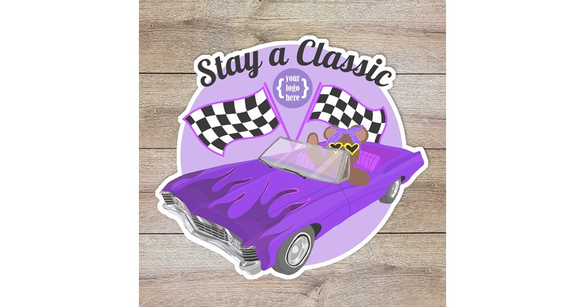 Purple Convertible Classic Car, Checkered Flags Sticker | Zazzle