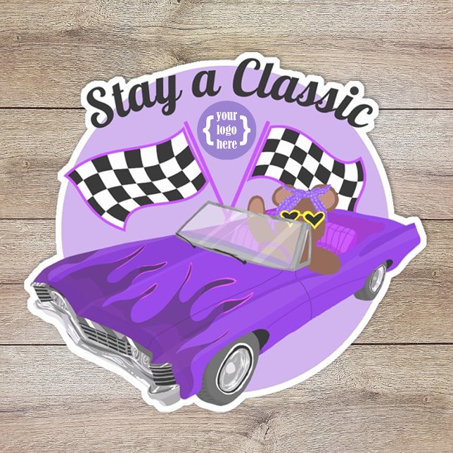 Purple Convertible Classic Car, Checkered Flags Sticker (logo promotional purple car show car club girl's youth organization fund raiser, purple convertible )