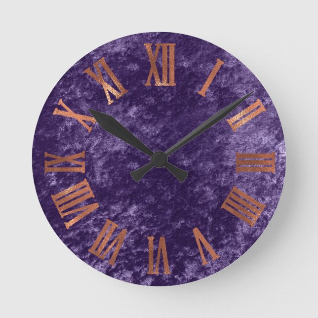 Purple Copper Rose Velvet Minimal Metallic Urban Round Clock (Front)