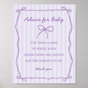 Purple Coquette Bow Advice for Baby Shower Game Poster