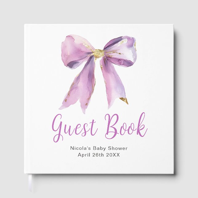 Purple Coquette Bow Baby Shower Guest Book (Front)