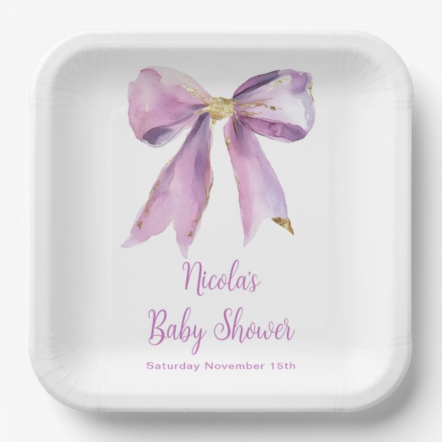 Purple Coquette Bow Baby Shower Paper Plates (Front)
