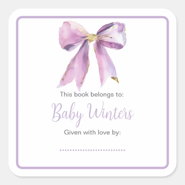 Purple Coquette Bow Baby Shower Square Sticker (Front)