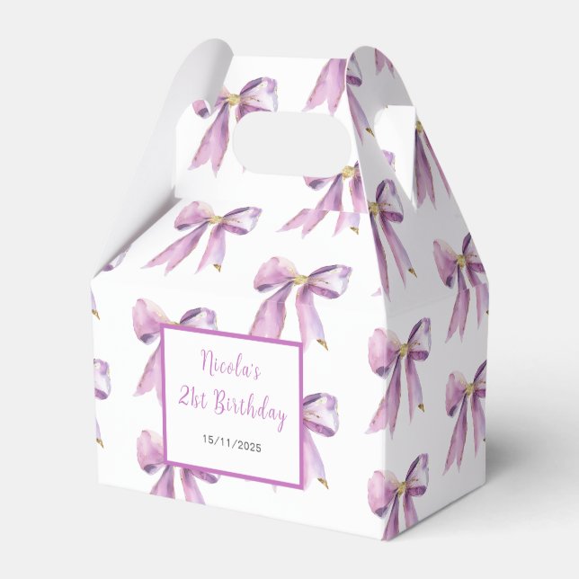 Purple Coquette Bow Birthday Party Favor Boxes (Front Side)