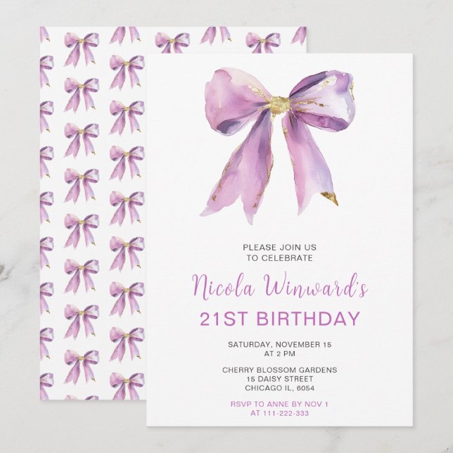 Purple Coquette Bow Birthday Party Invitation (Front/Back)
