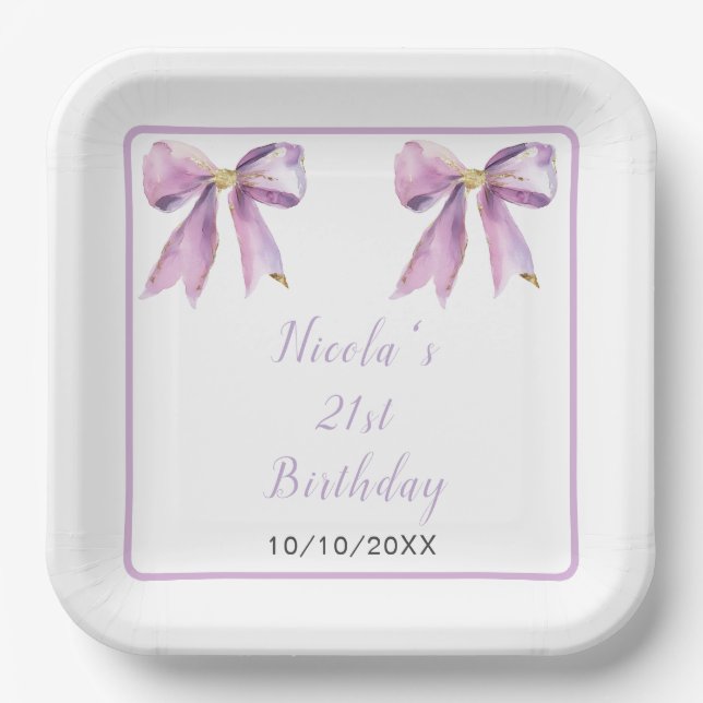 Purple Coquette Bow Birthday Party Paper Plates (Front)