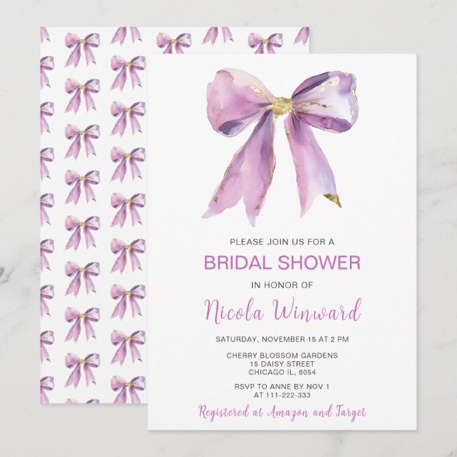 Purple Coquette Bow Bridal Shower Invitation (Front/Back)