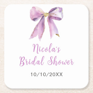 Purple Coquette Bow Bridal Shower Square Paper Coaster