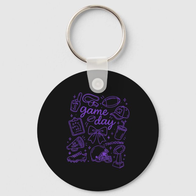 Purple Coquette Bow Cheer Game Day Doodle Touchdow Keychain (Front)