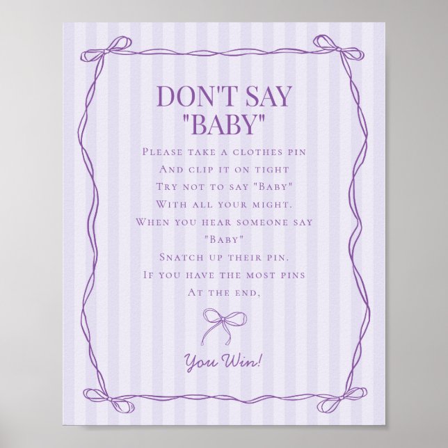 Purple Coquette Bow Dont Say Baby Shower Game Poster (Front)