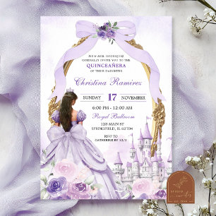 Purple Coquette Bow Fairytale Castle Quinceanera Invitation