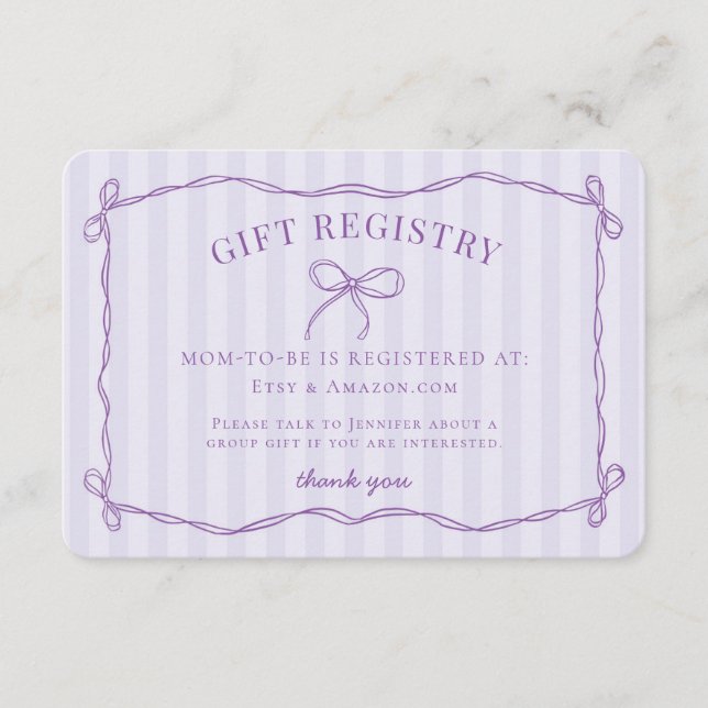 Purple Coquette Bow Lavender Baby Shower Registry Enclosure Card (Front)