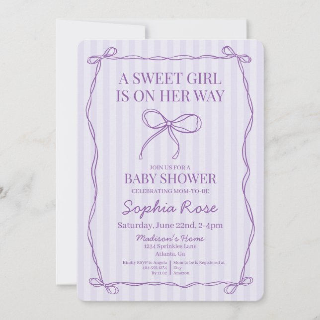 Purple Coquette Bow Pastel Lavender Baby Shower Invitation (Front)