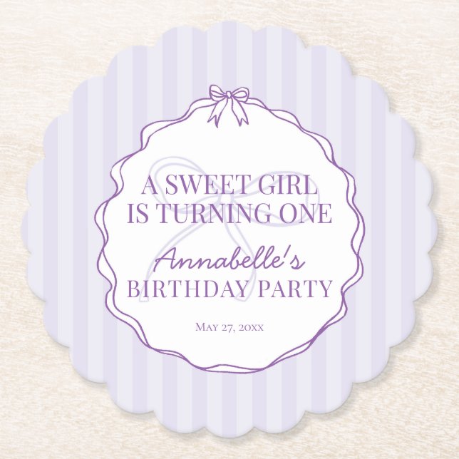 Purple Coquette Bow Pastel Lavender Birthday Party Paper Coaster (Front)