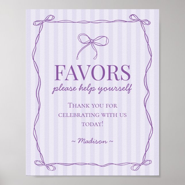 Purple Coquette Bow Pastel Lavender Favors Sign (Front)